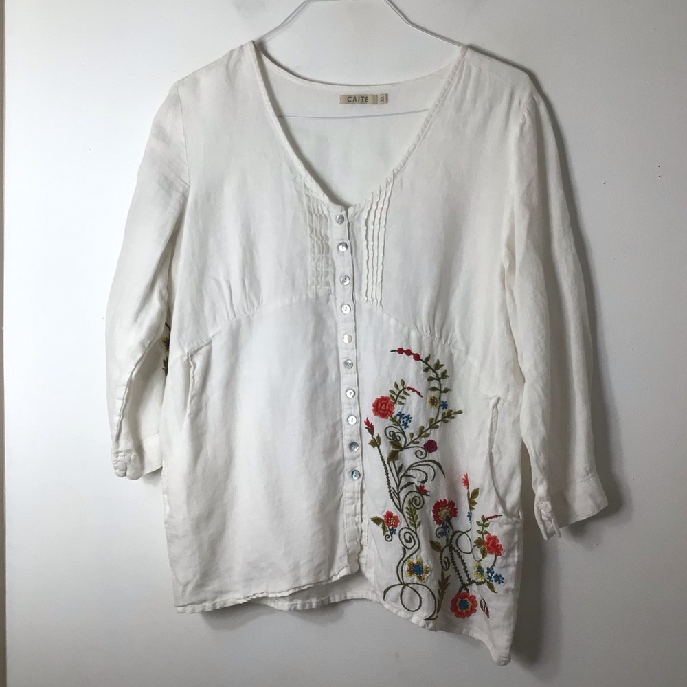 Caite Cream Button-Front Tunic with Floral Embroidery Anthropologie linen USA